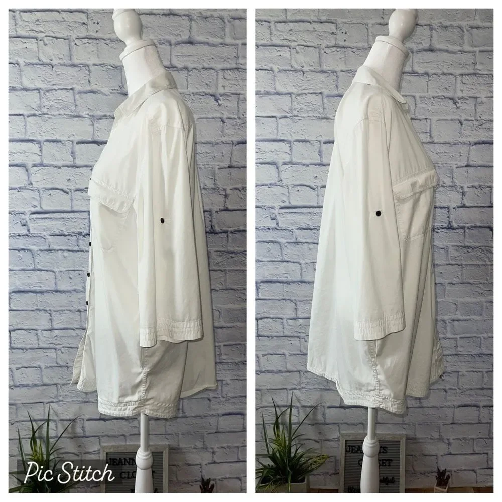 Lafayette 148 white button down shirt pockets 3/4 sleeve roll tab - Picture 7 of 13